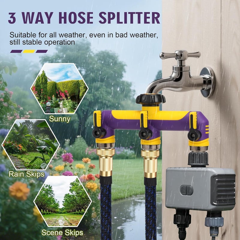 ATAOSGR 3 way Hose Splitter, Garden Hose Water bib Spigot Splitter, T Hose Connector- With Shutoff Valves Water Adapter,Outdoor Faucet Splitter 3/4" GHT Thread, For Outdoor garden irrigation（purple yellow） - Image 5